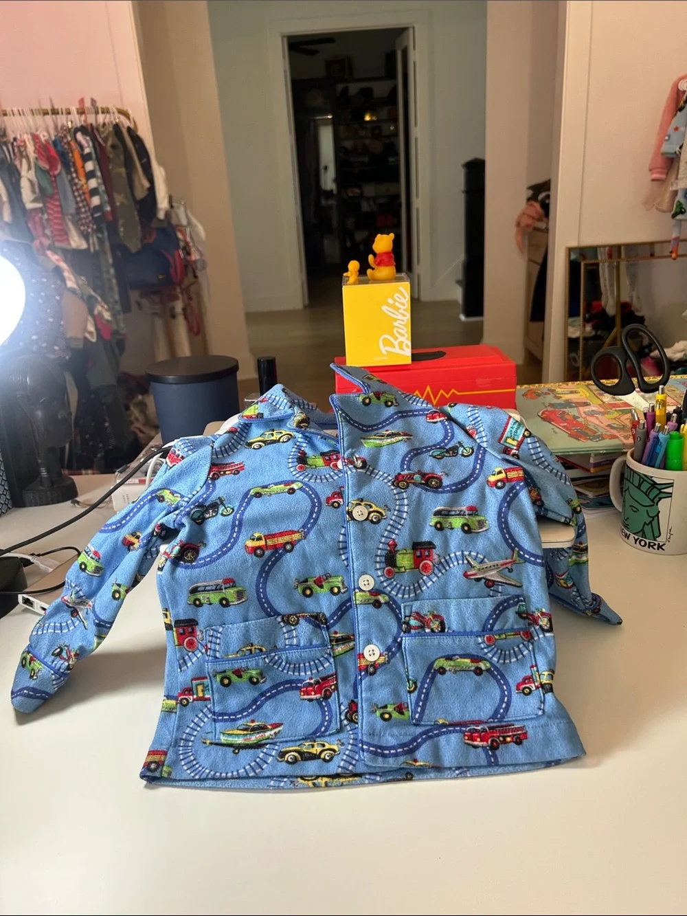 Nick & Nora Blue Kids Pajama Top with Colorful Vehicle Print just top 2T